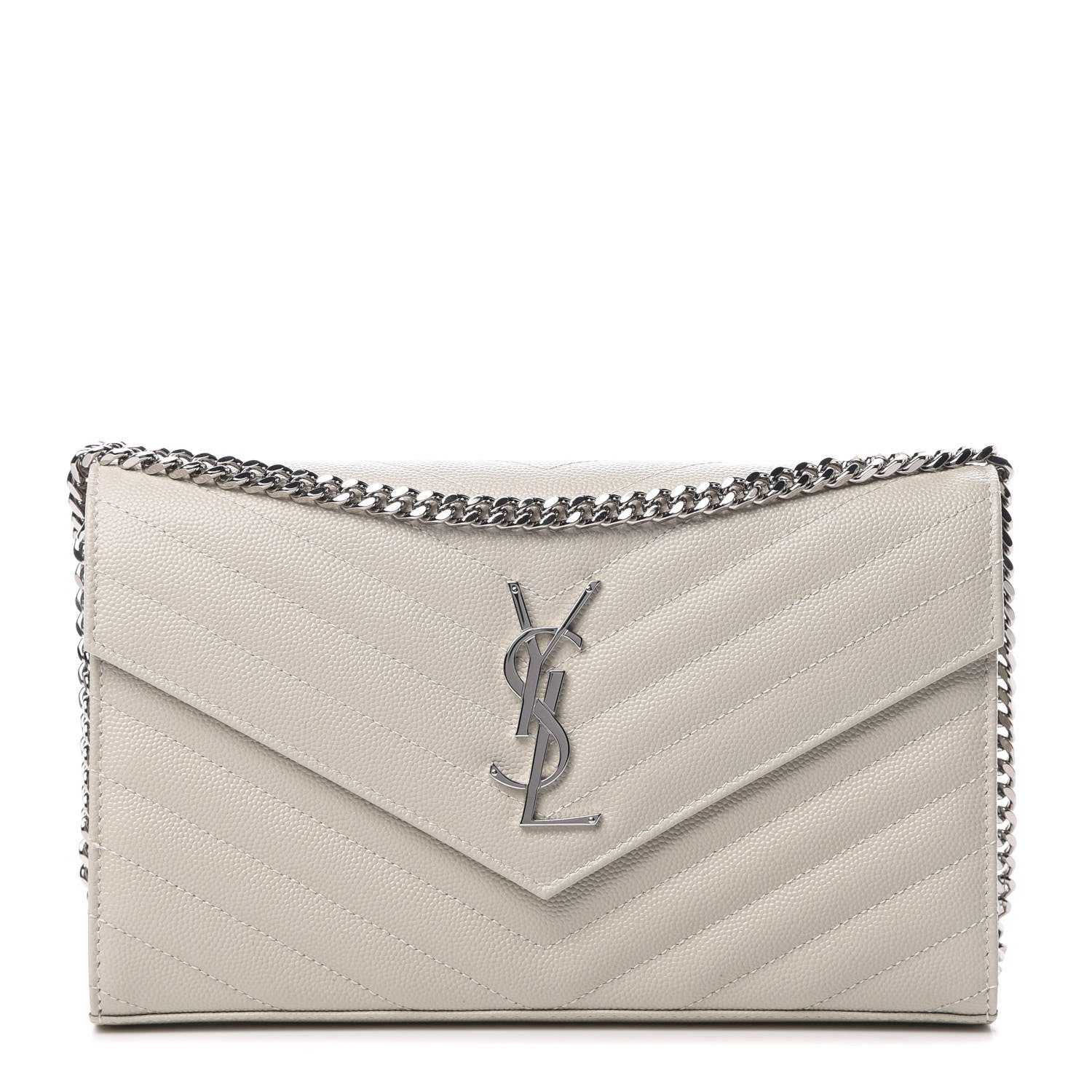 Saint Laurent Grain De Poudre Matelasse Chevron Monogram Chain Wallet Icy White 1 of 11