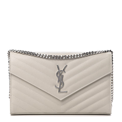 Saint Laurent Grain De Poudre Matelasse Chevron Monogram Chain Wallet Icy White 1 of 11