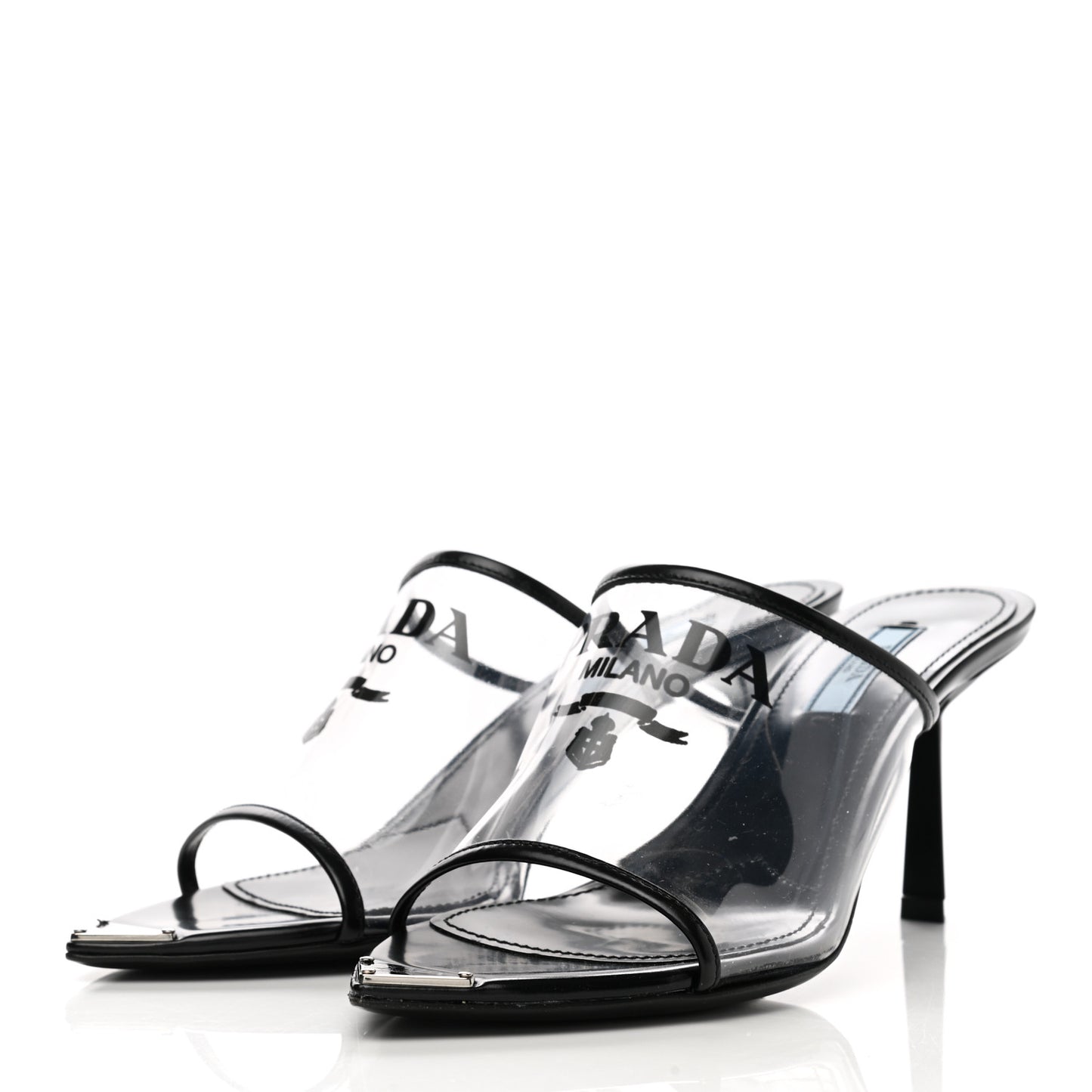 Plexiglass Calfskin Metal Triangle Logo 75mm Slide Sandals 37 Black