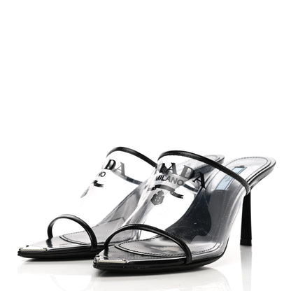 Prada Plexiglass Calfskin Metal Triangle Logo 75mm Slide Sandals 37 Black 3 of 12