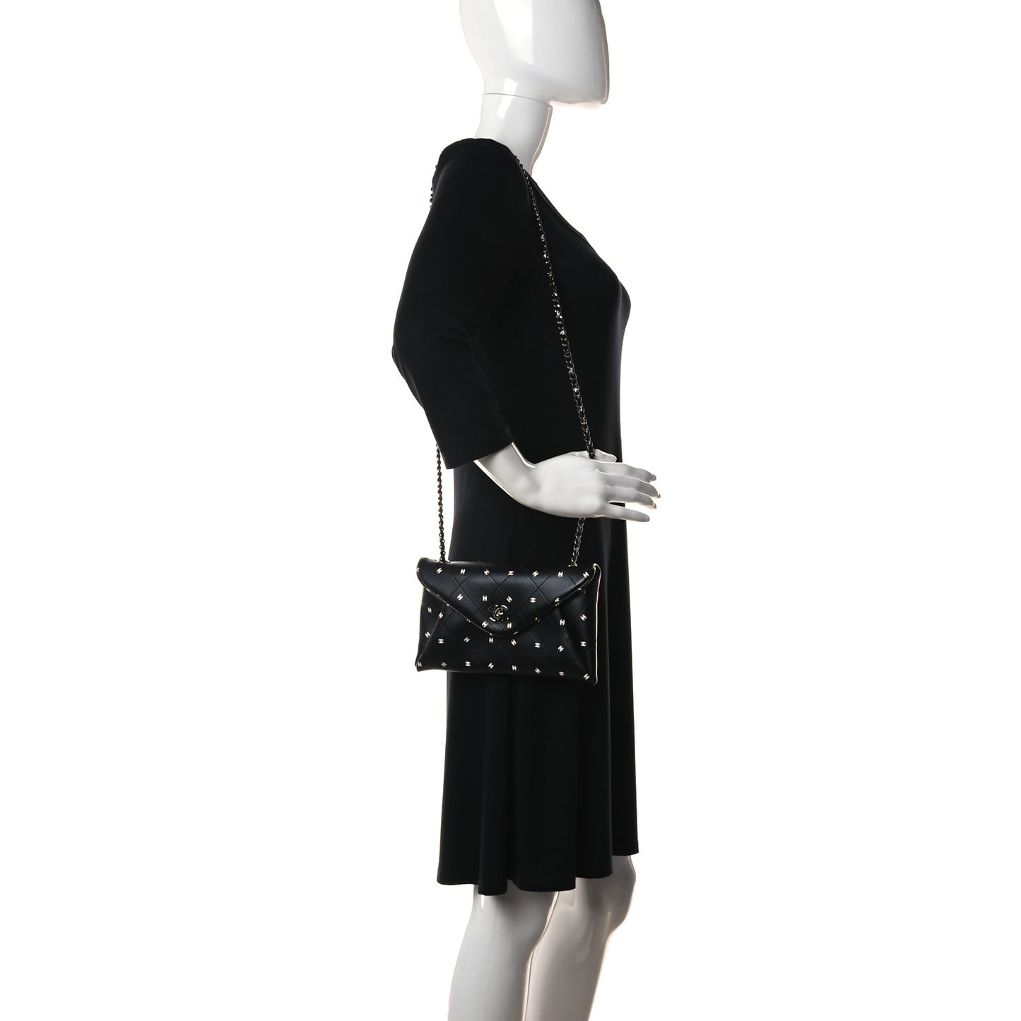 Printed Lambskin Logo CC Envelope Clutch With Chain Black White