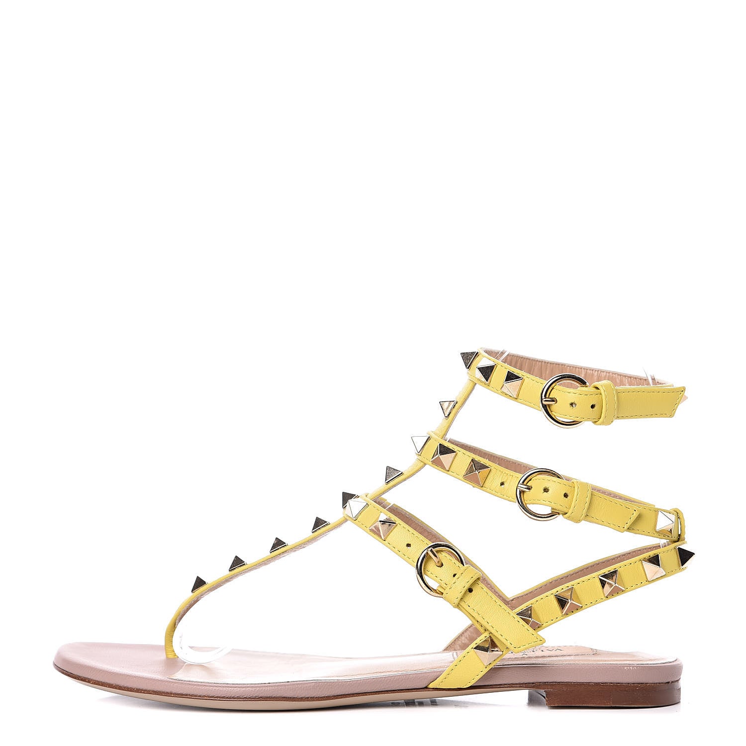 Valentino Garavani Nappa Rockstud Ankle Wrap Flat Thong Sandals 35 Yellow 1 of 8