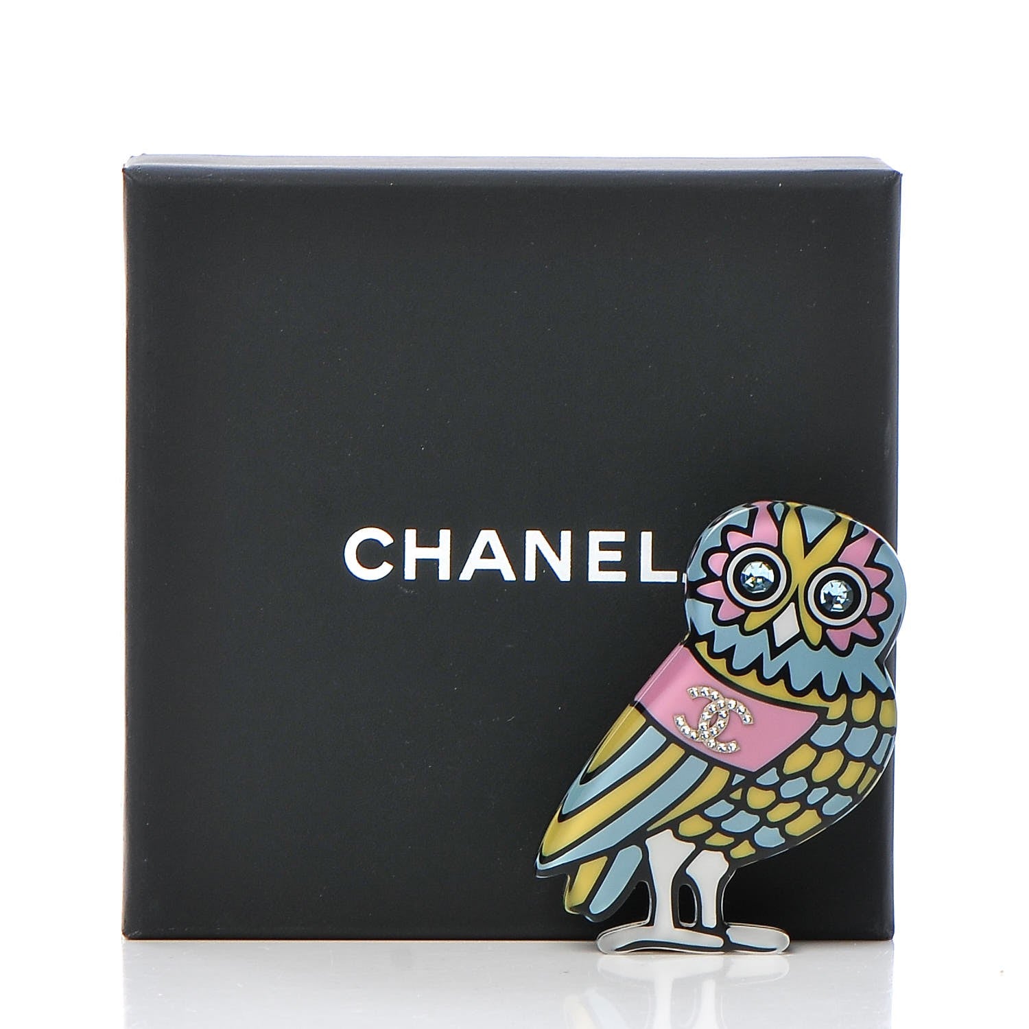Chanel Resin Crystal Owl CC Brooch Blue Yellow Golden 290488