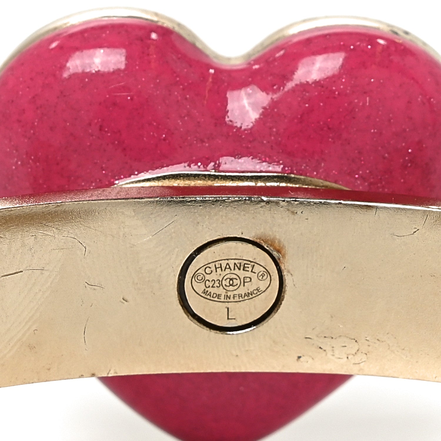 Chanel Metal Crystal Coco In Love CC Heart Cuff Bracelet L Gold Pink 4 of 4