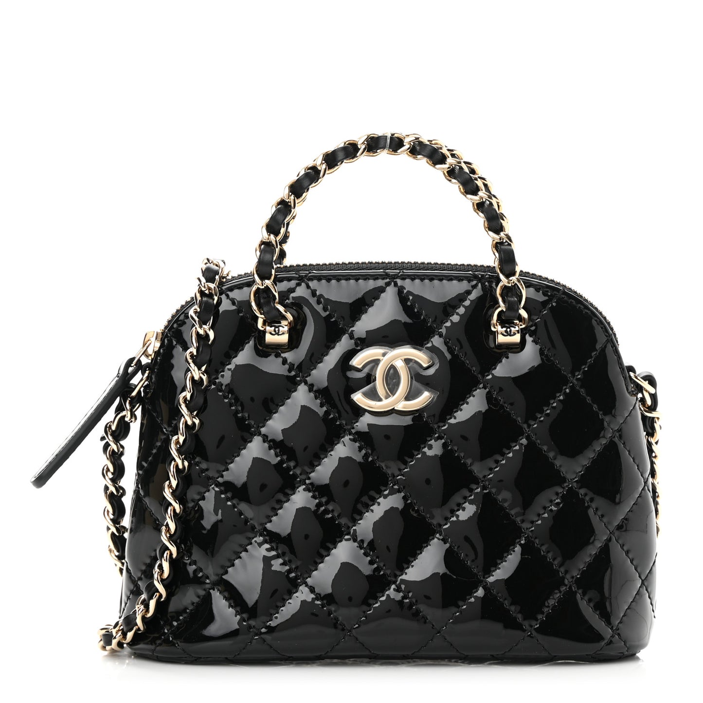 Patent Calfskin Quilted Shiny Coco Clutch With Chain Black