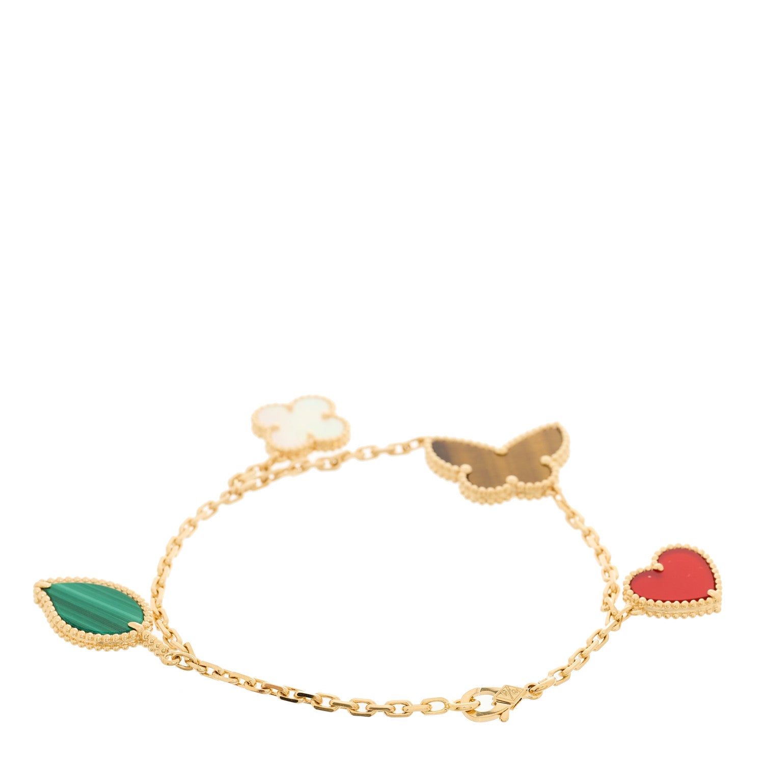 Van Cleef & Arpels 18K Yellow Gold Mother of Pearl Malachite Carnelian Tiger Eye 4 Motifs Lucky Alhambra Bracelet 2 of 4