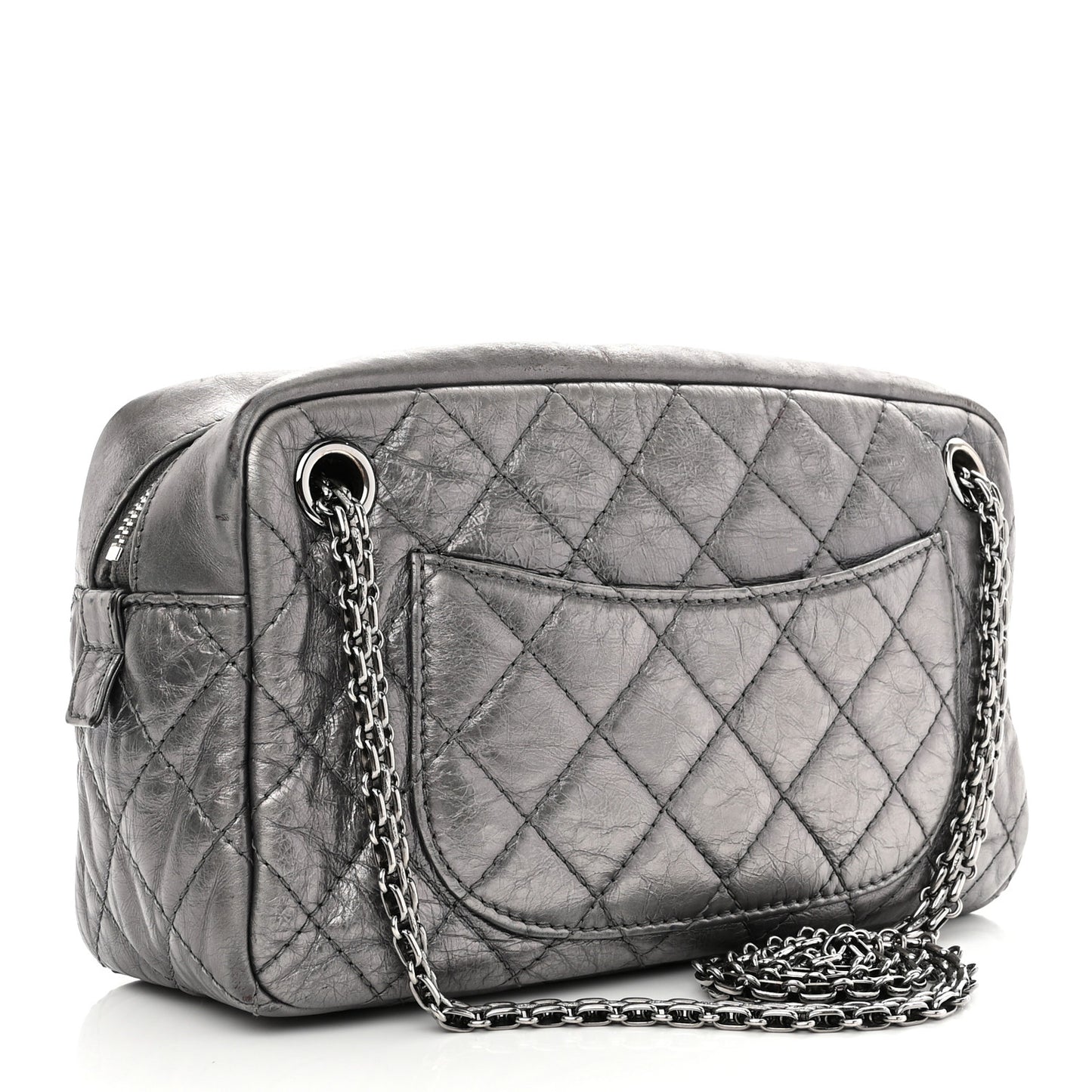 Metallic Aged Calfskin Quilted Medium Reissue Camera Case Dark Silver