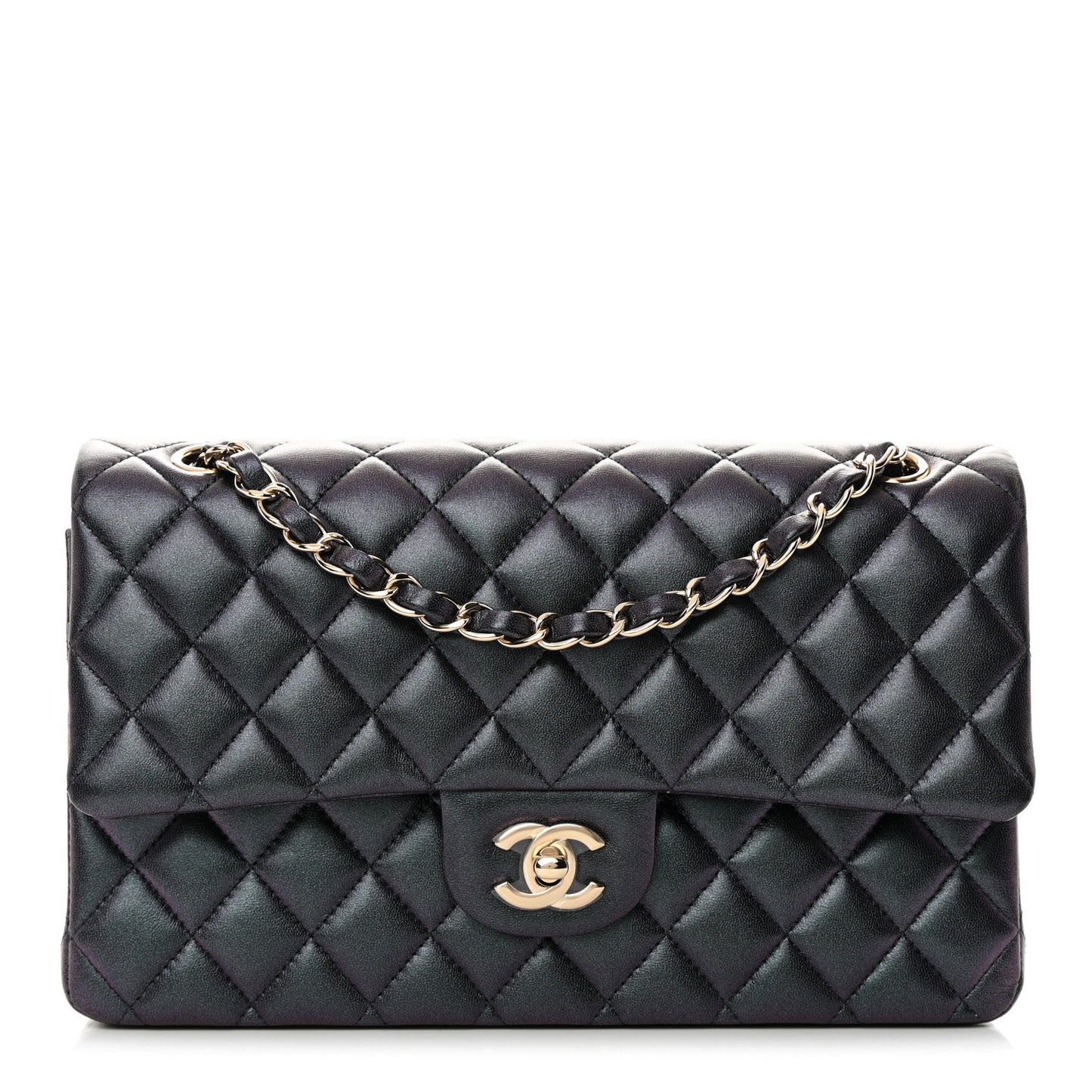 Iridescent Lambskin Quilted Medium Double Flap Black