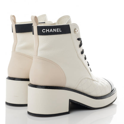 Chanel Pearly Calfskin Patent Calfskin Quilted Lace Up Boots 39.5 White Light Gray Black 5 of 11