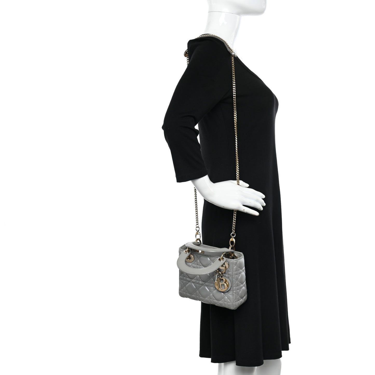 Metallic Lambskin Cannage Mini Lady Dior Grey