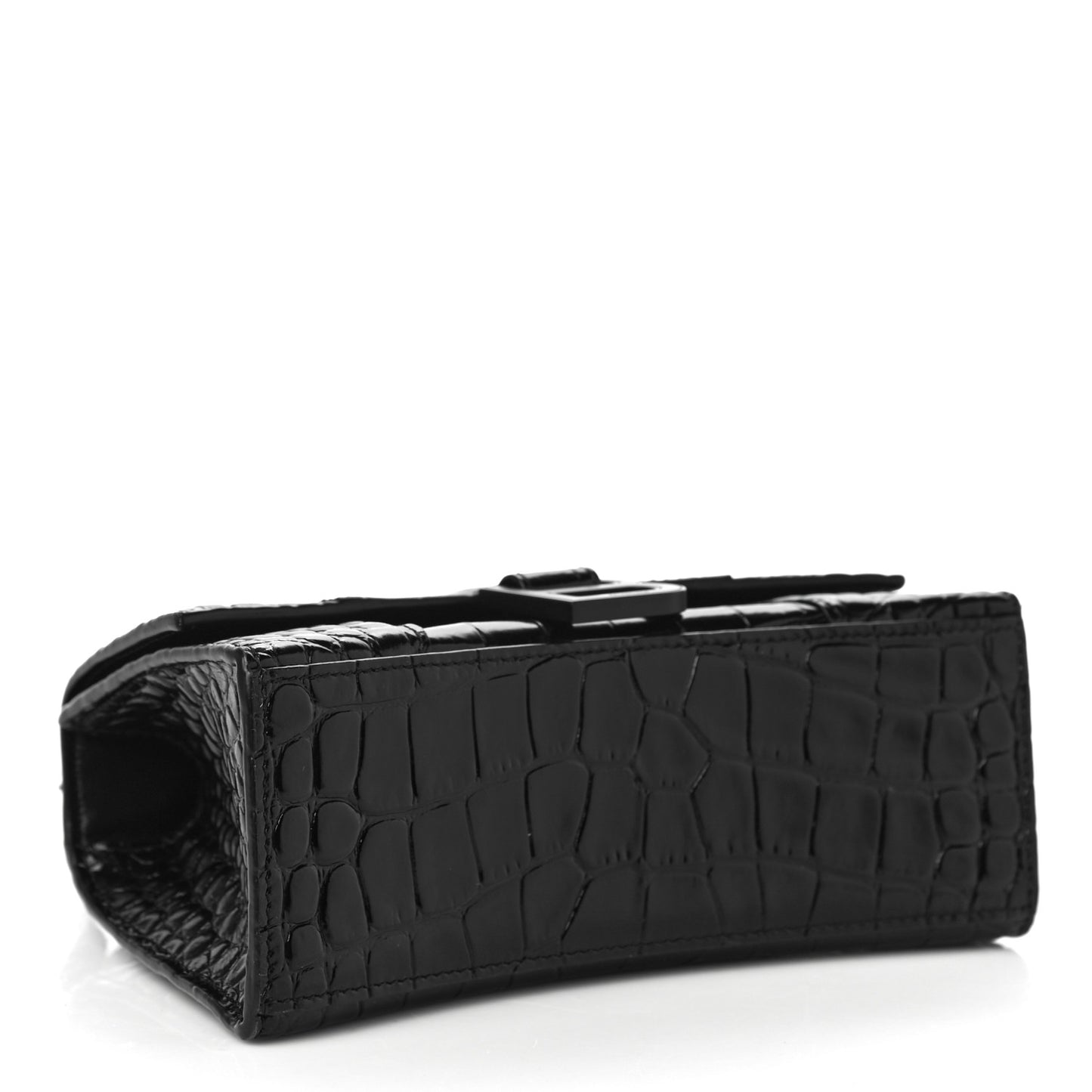 Shiny Calfskin Monochrome Crocodile Embossed Hourglass Top Handle Bag XS Black