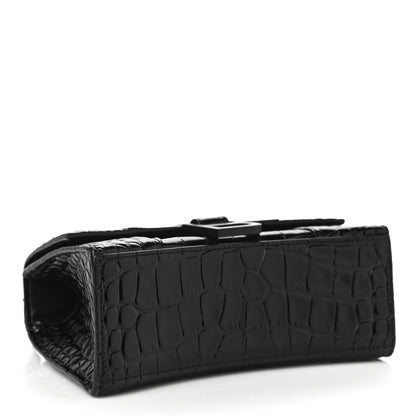 Balenciaga Shiny Calfskin Monochrome Crocodile Embossed Hourglass Top Handle Bag XS Black 4 of 9