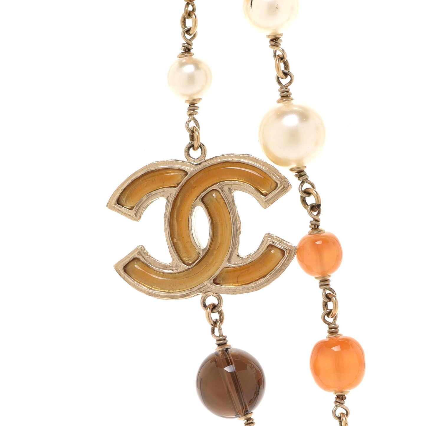 Enamel Bead Pearl CC Long Necklace Brown Gold