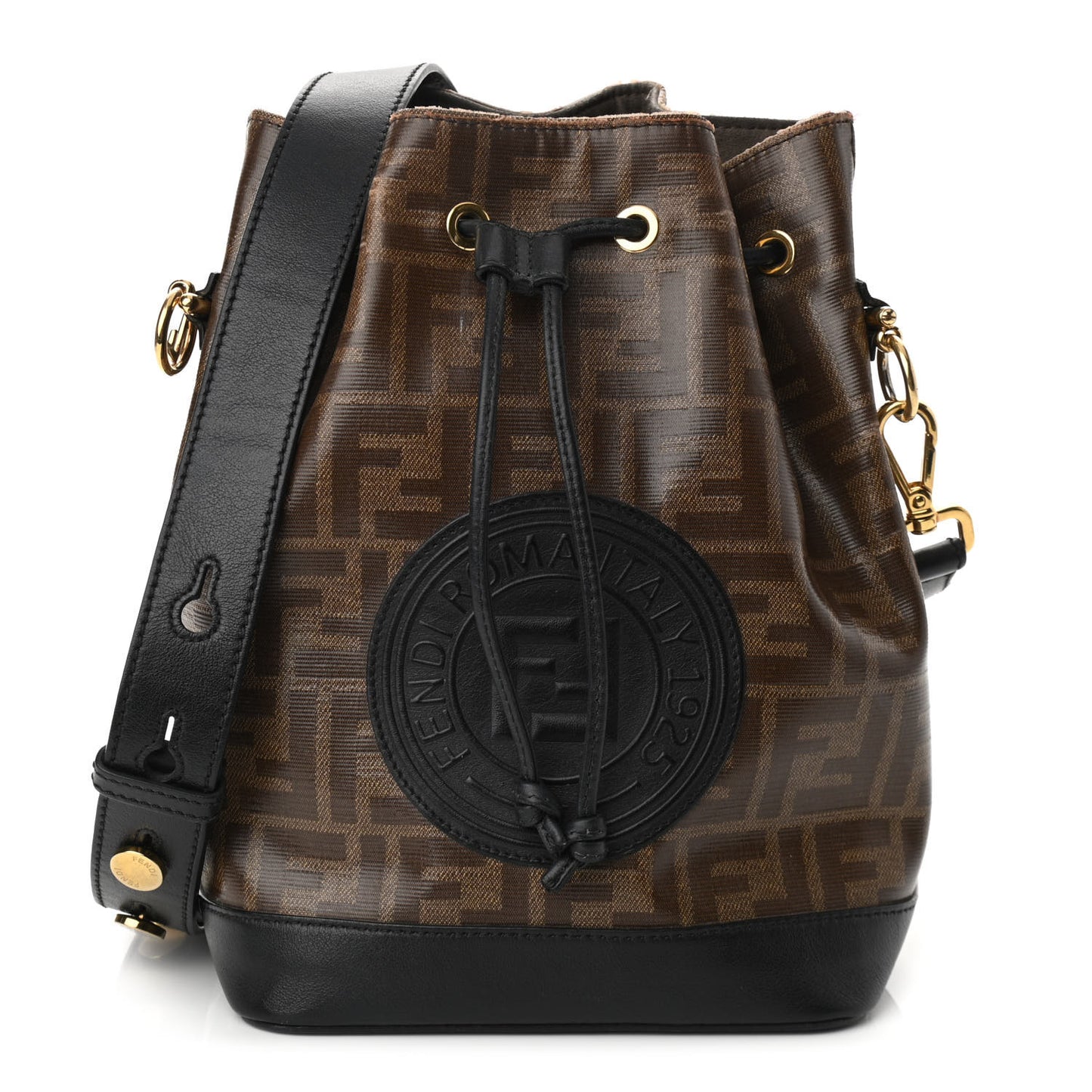 Glazed Fabric Vitello Grace F is Fendi FF 1974 Stamp Patch Grande Mon Tresor Bucket Bag Mogano Panna Black