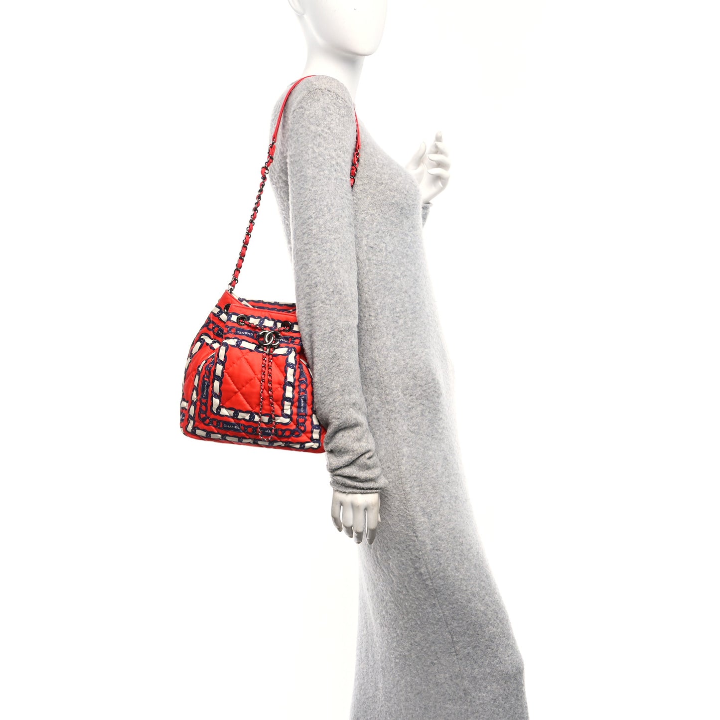 Silk Quilted Chain Printed Bucket Bag Red