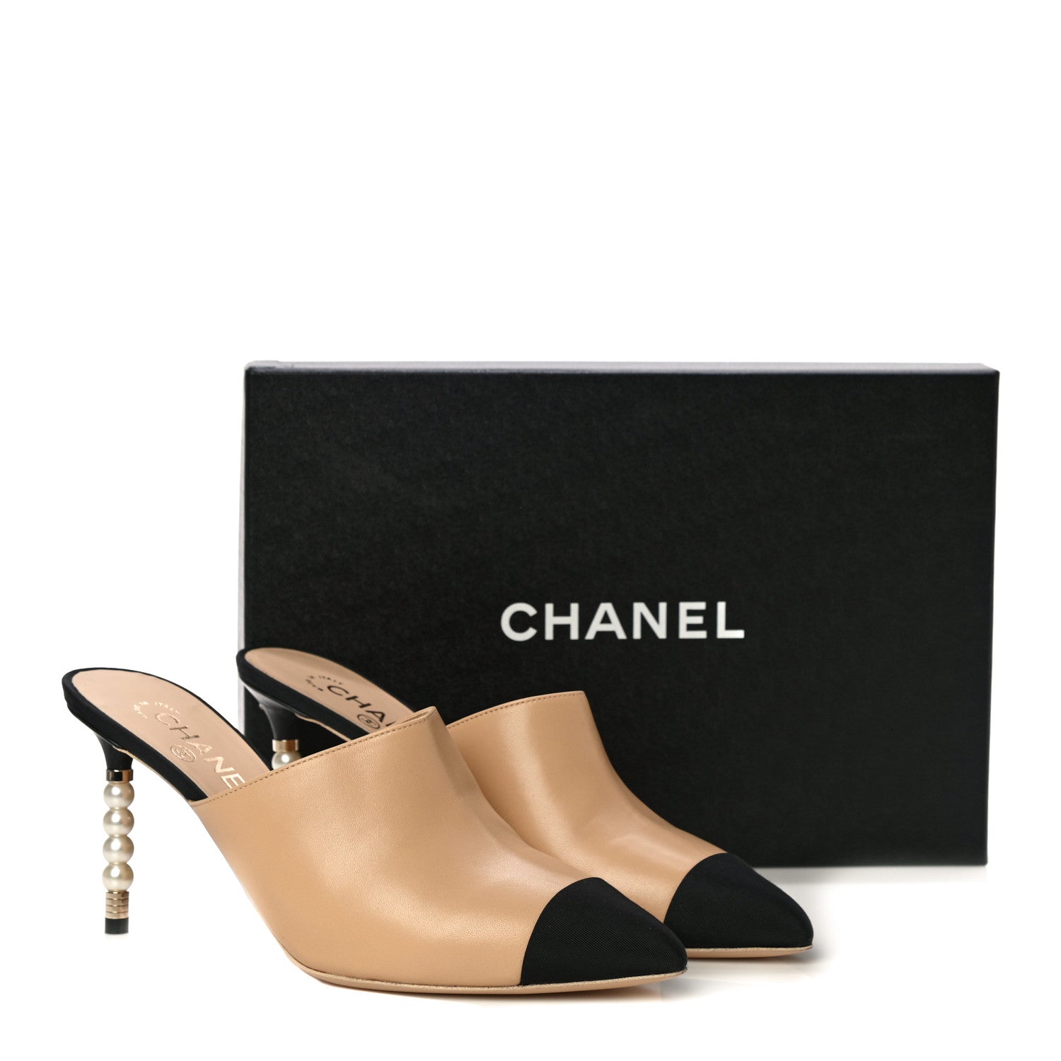Chanel Lambskin Grosgrain Cap Toe Pearl Mule 40 Beige Black 950555