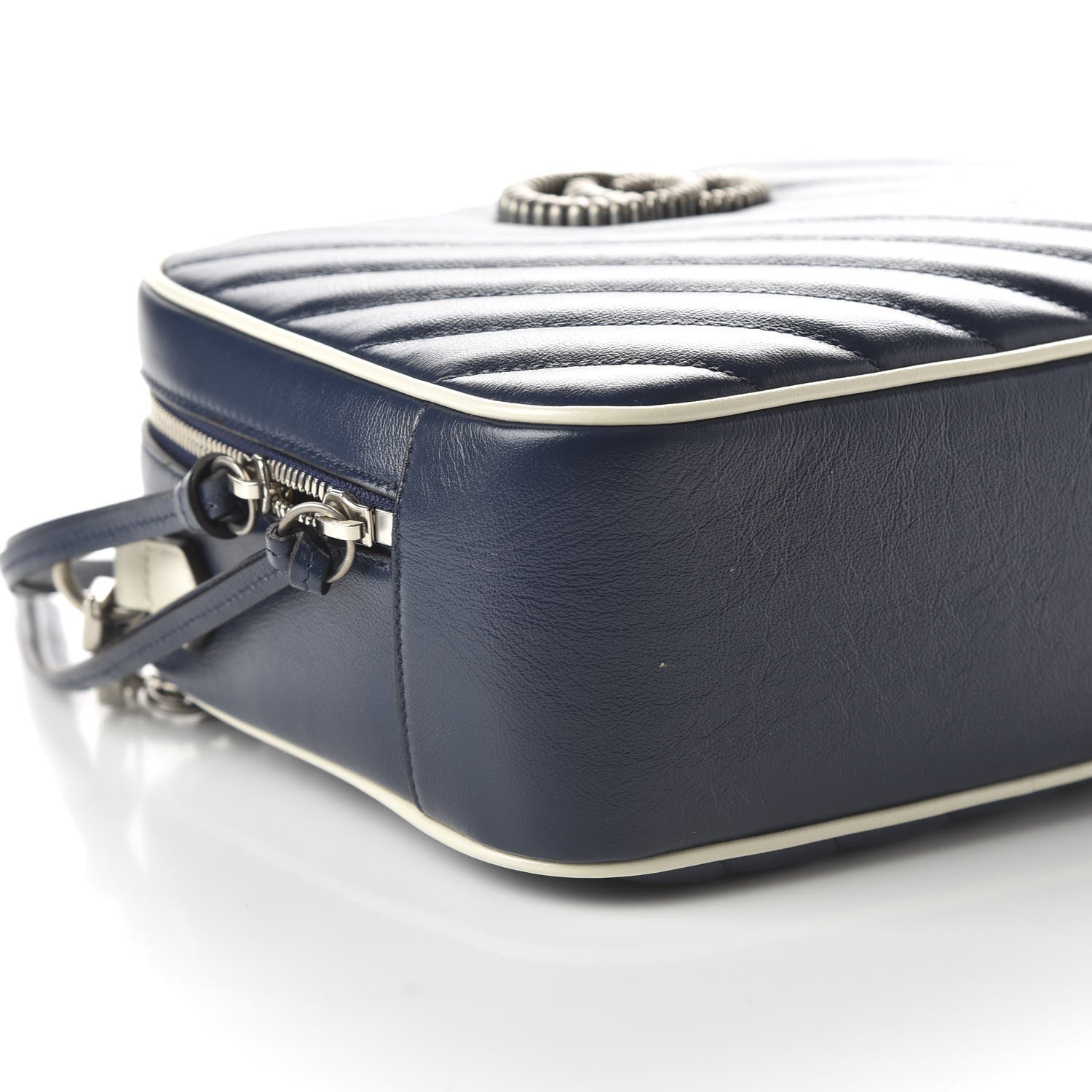 Gucci Vintage Effect Calfskin Matelasse Diagonal Small Torchon GG Marmont Bamboo Top Handle Shoulder Bag Blue Agata Mystic White 6 of 10