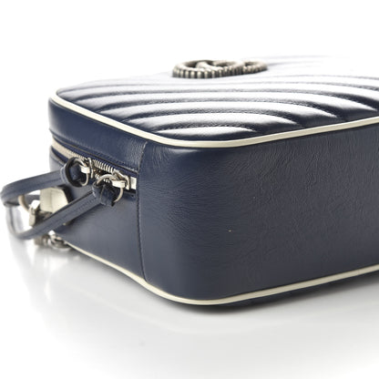 Gucci Vintage Effect Calfskin Matelasse Diagonal Small Torchon GG Marmont Bamboo Top Handle Shoulder Bag Blue Agata Mystic White 6 of 10