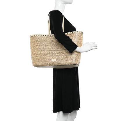 Valentino Garavani Metallic Boucle Raffia Calfskin Rockstud Shoulder Tote White Gold Ivory 2 of 9