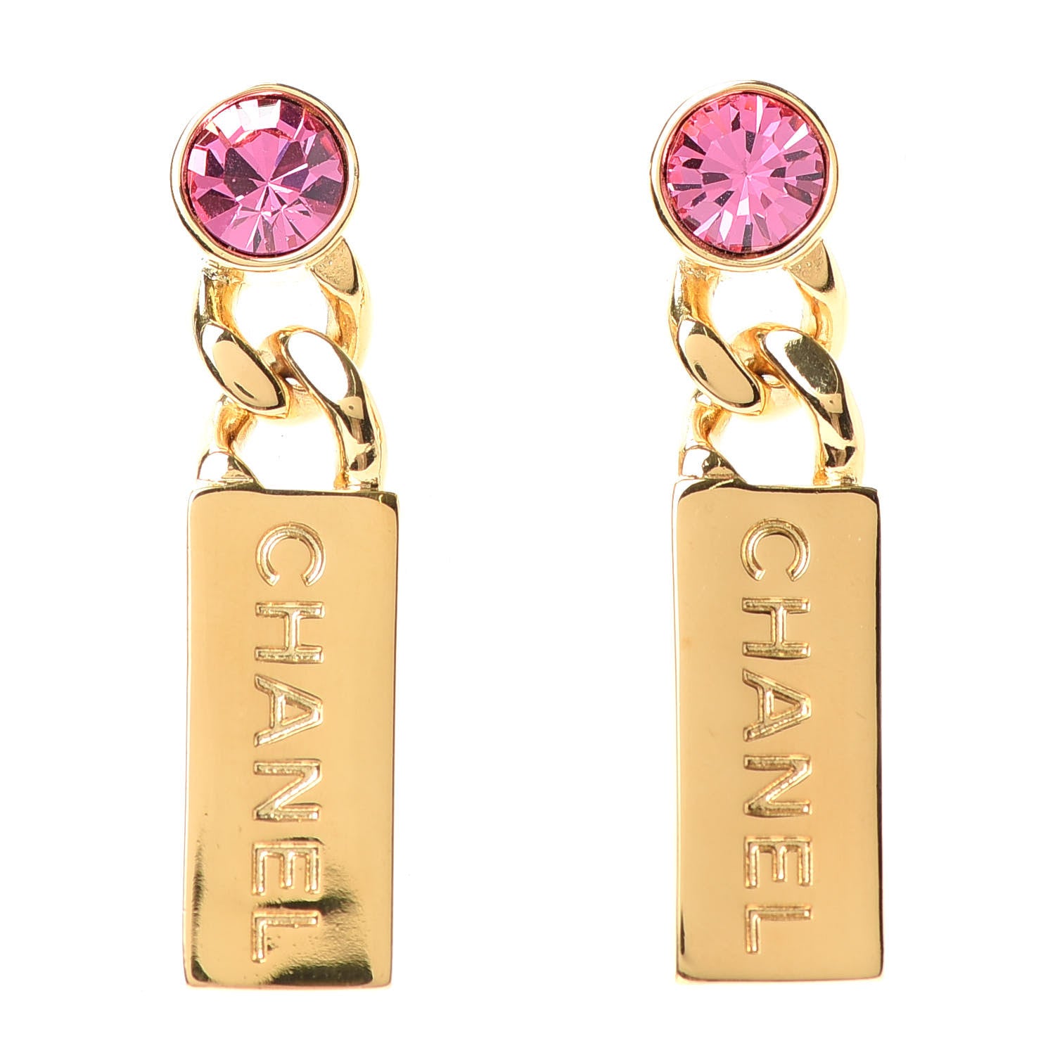 Chanel Crystal Tag Drop Earrings Gold Pink 1 of 4