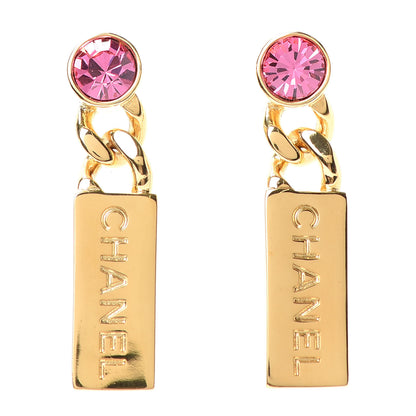 Chanel Crystal Tag Drop Earrings Gold Pink 1 of 4