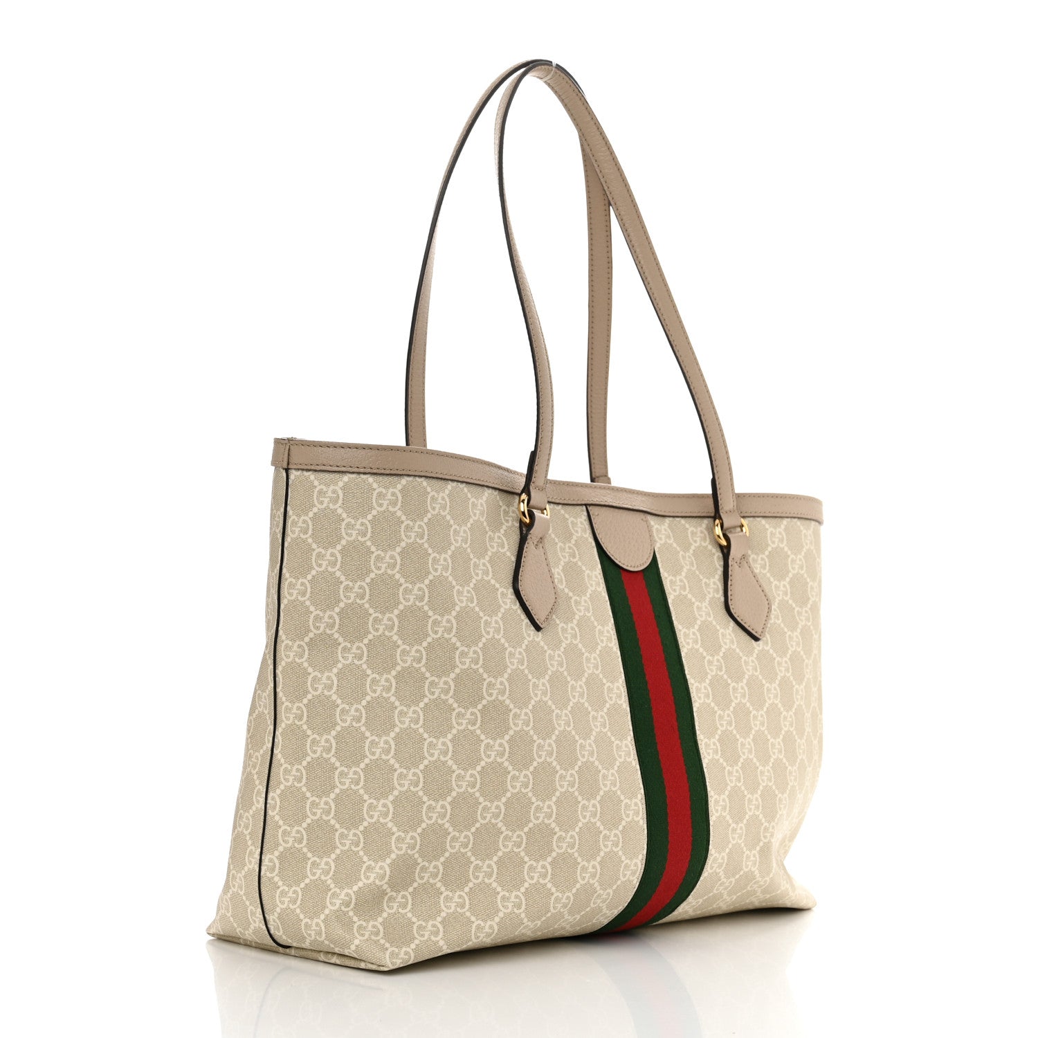 Gucci GG Supreme Monogram Textured Dollar Calfskin Web Medium Ophidia Shopping Tote Beige Mystic White Oatmeal 3 of 10
