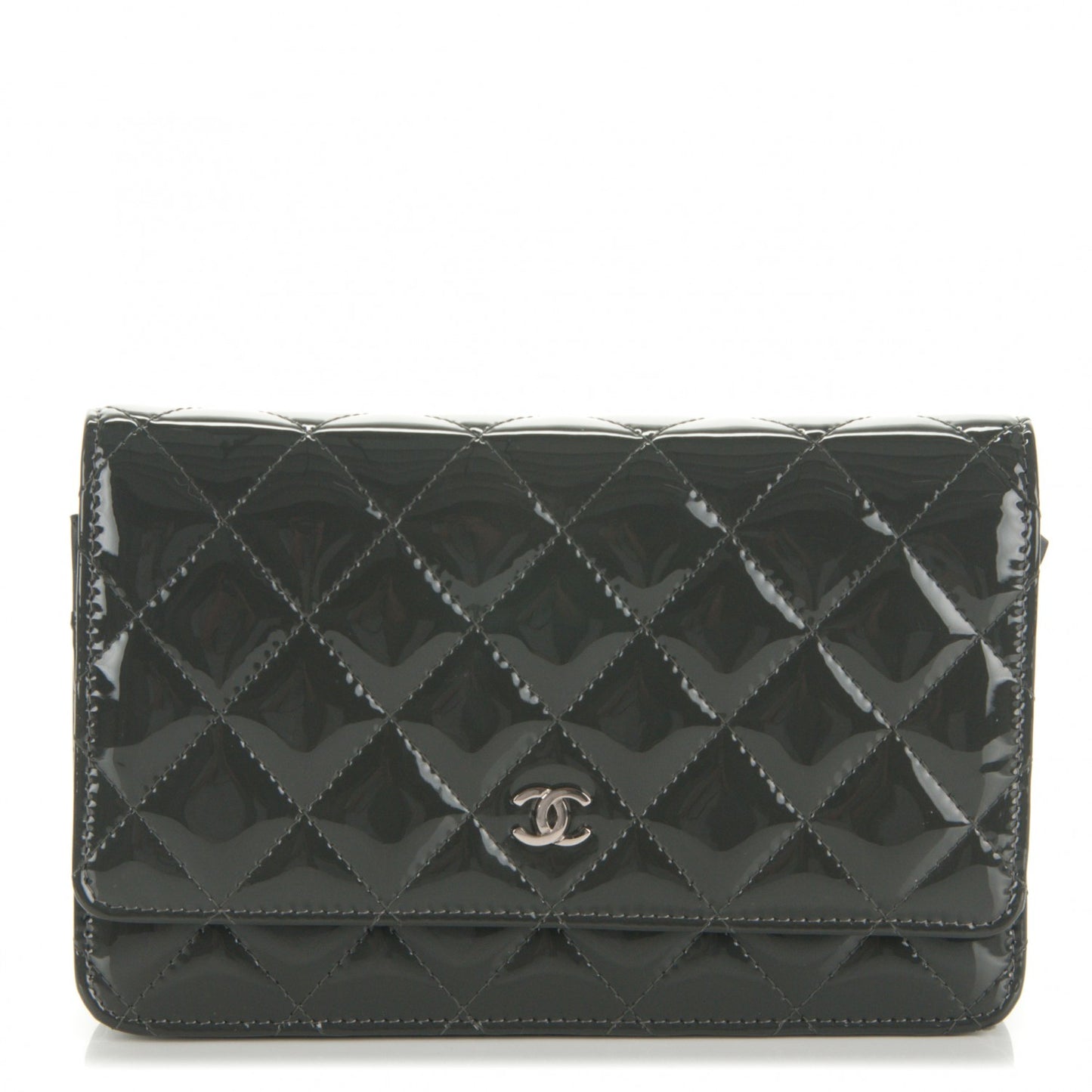 Patent Quilted Wallet On Chain WOC Dark Grey