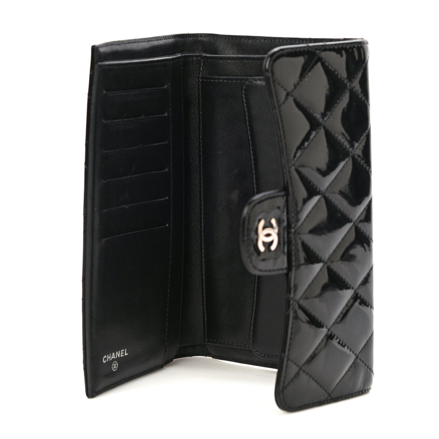 Patent Quilted Large Flap Wallet Black
