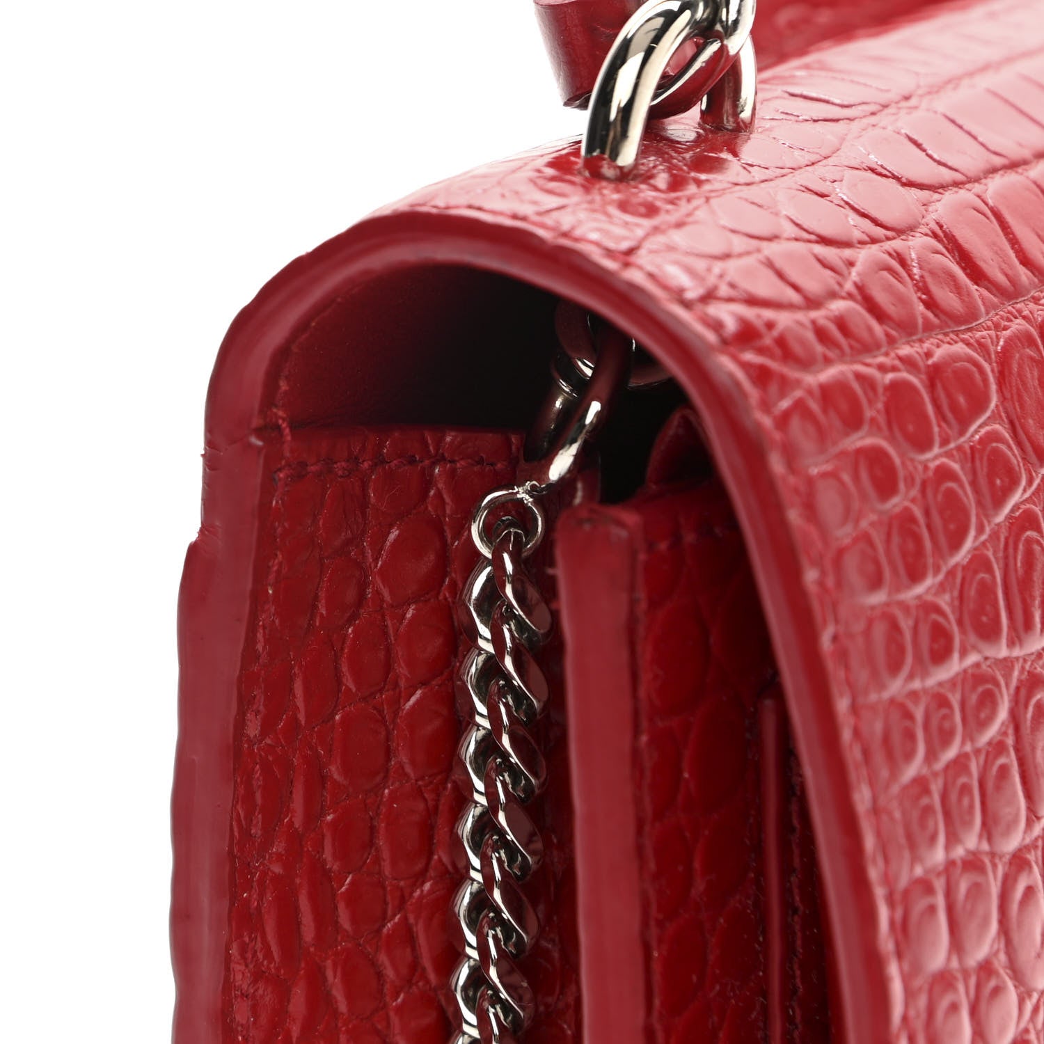 Saint Laurent Calfskin Crocodile Embossed Monogram Sunset Chain Wallet New Lipstick Red 12 of 13
