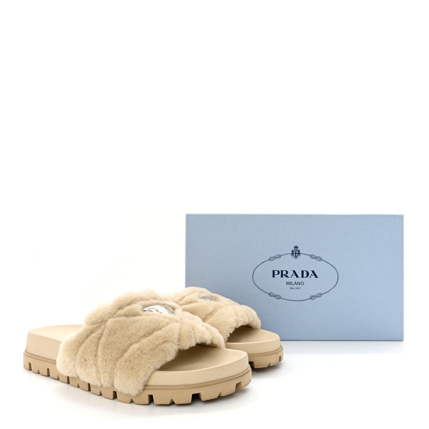 Prada Shearling Metal Triangle Logo Lug Sole 20mm Slide Sandals 39.5 Ecru 9 of 9