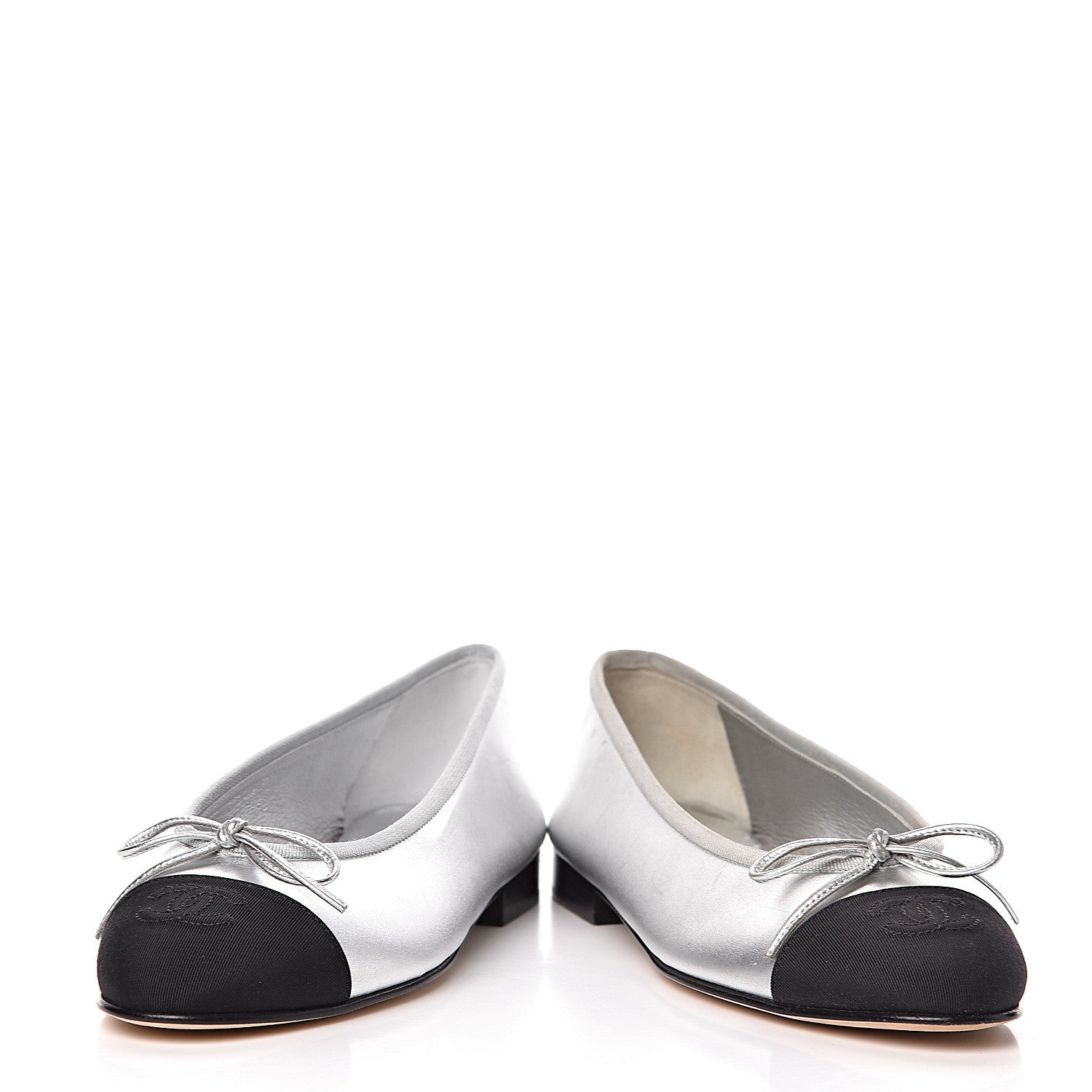 Chanel Laminated Lambskin Grosgrain Cap Toe CC Ballerina Flats 36 Silver Black 15 of 16