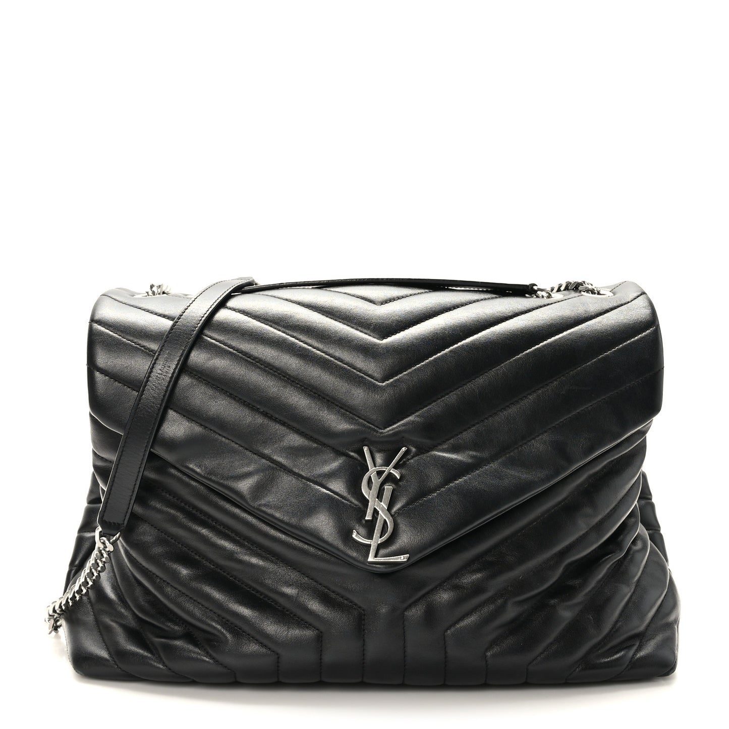 Calfskin Y Quilted Monogram Large Loulou Chain Satchel Black