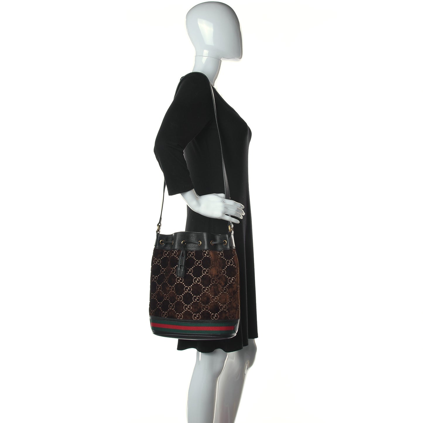 Velvet GG Monogram Textured Calfskin Web Bucket Bag Brown Black