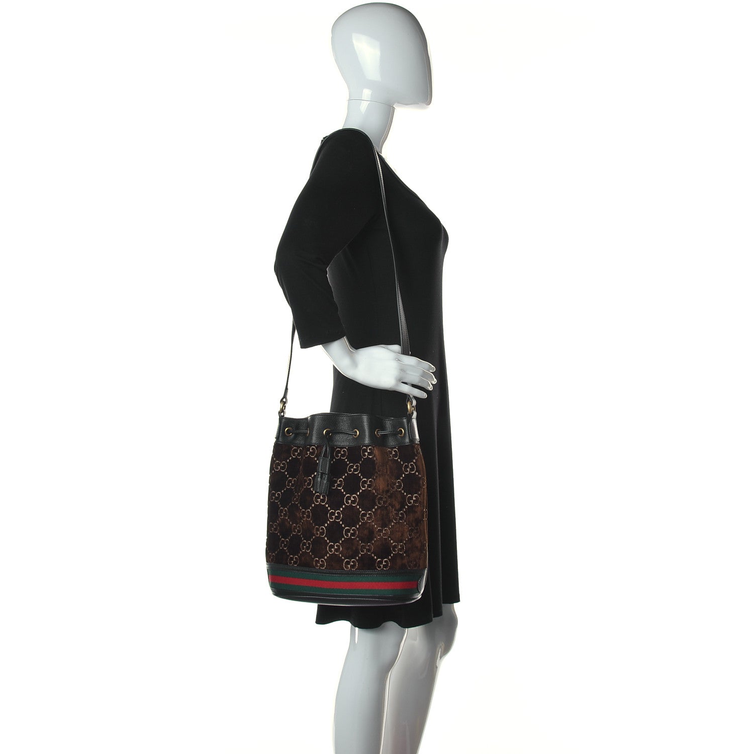 Gucci Velvet GG Monogram Textured Calfskin Web Bucket Bag Brown Black 3 of 25