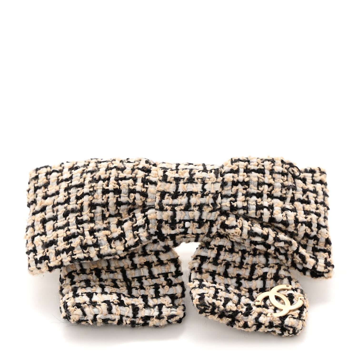 Chanel Tweed Bow Hair Clip Black Ecru White 1 of 4