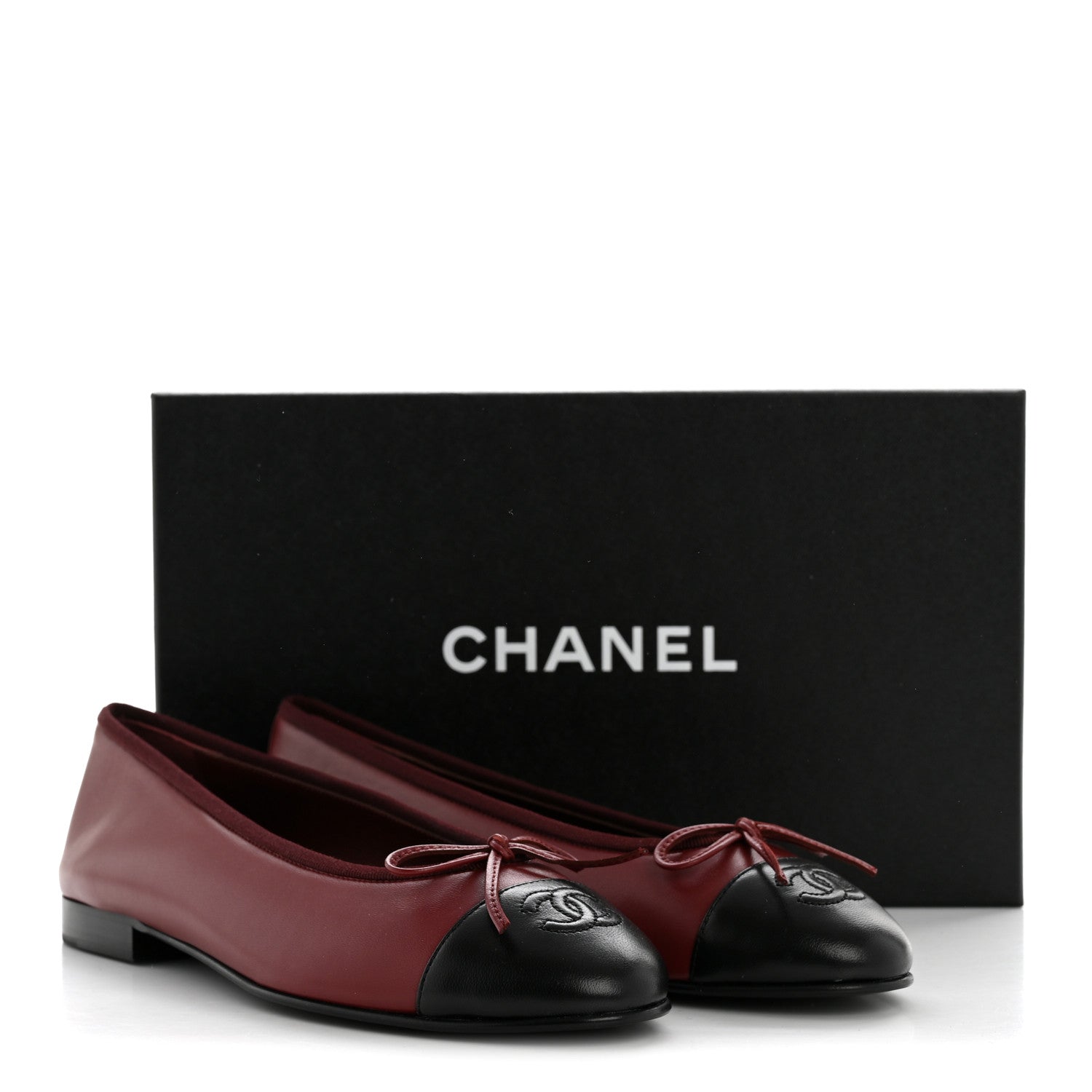 Chanel Lambskin Cap Toe CC Ballerina Flats 38.5 Burgundy Black 10 of 10
