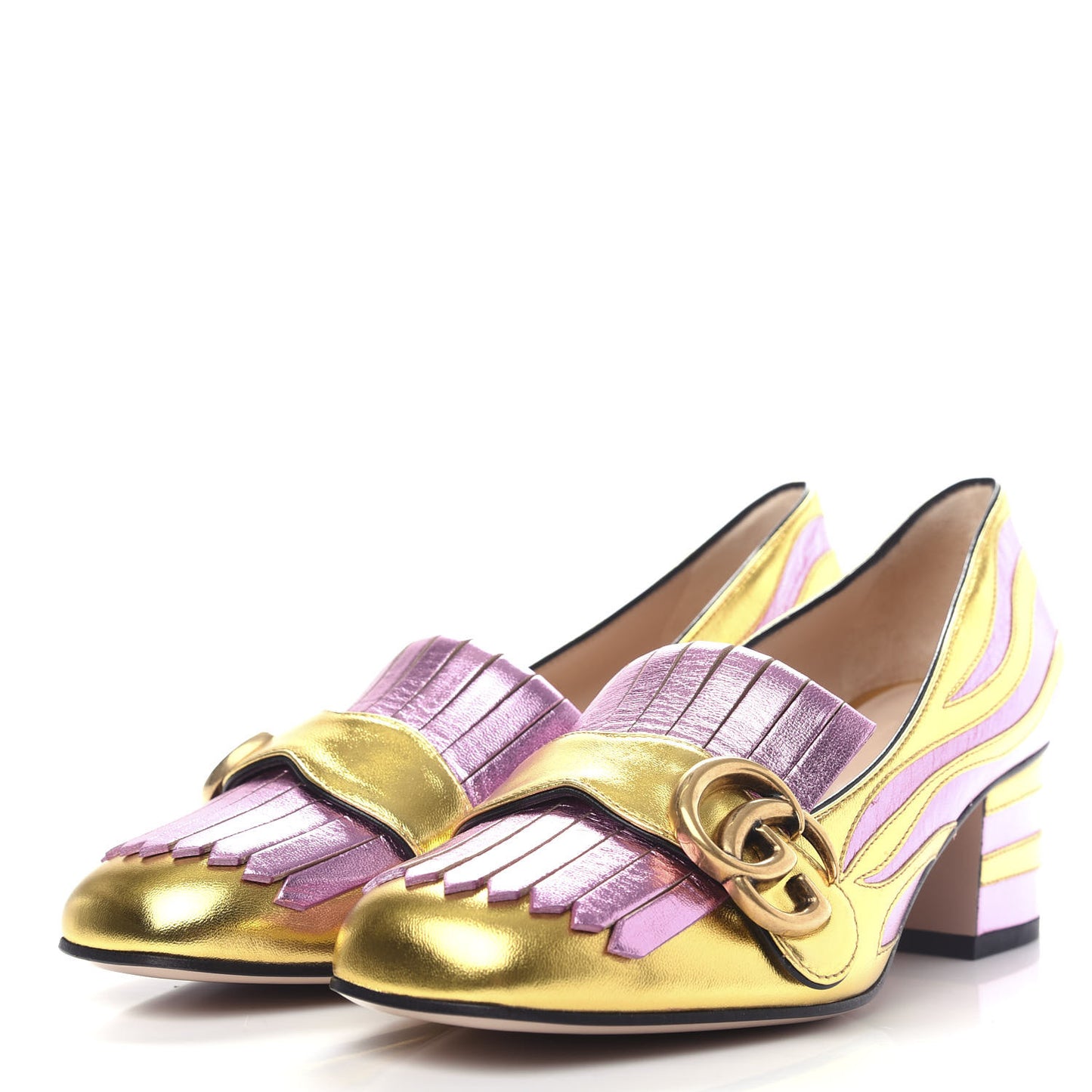 Metallic Nappa Inlay GG Marmont Fringe 50mm Loafer Pumps 35.5 Oro Vecchio Rosa