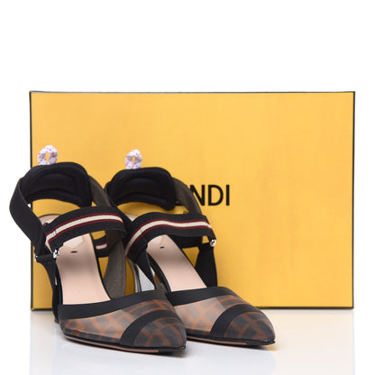 Fendi Technical Mesh FF Colibri 85mm Slingback Pumps 37 Tobacco Moro Bordeaux Black Military 8 of 8