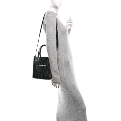 Balenciaga Shiny Calfskin Logo Crocodile Embossed XXS Everyday Tote Black 2 of 9