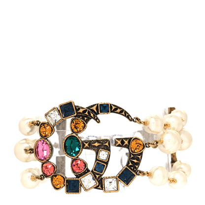 Gucci Metal Crystal Pearl Double G Bracelet Aged Gold Multicolor 1 of 5