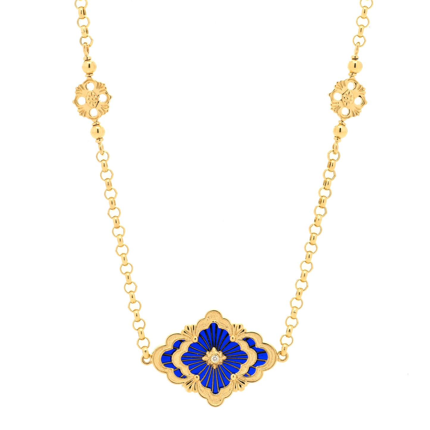 18K Yellow Gold Diamond Enamel Opera Tulle Necklace Blue