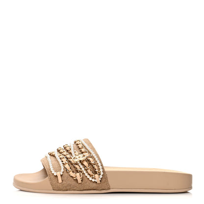 Chanel Felt Pearl Lambskin Chain Flat Sandals 38 Beige 1 of 8