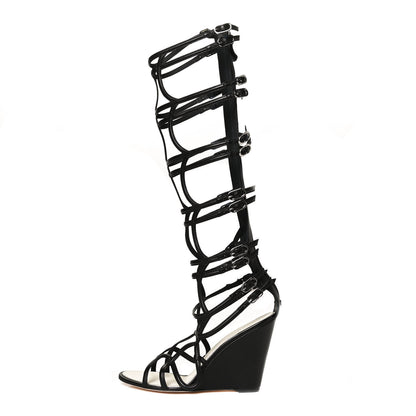 Chanel Metallic Lambskin Gladiator Wedge Strap Sandals 40 Argent Black 1 of 9