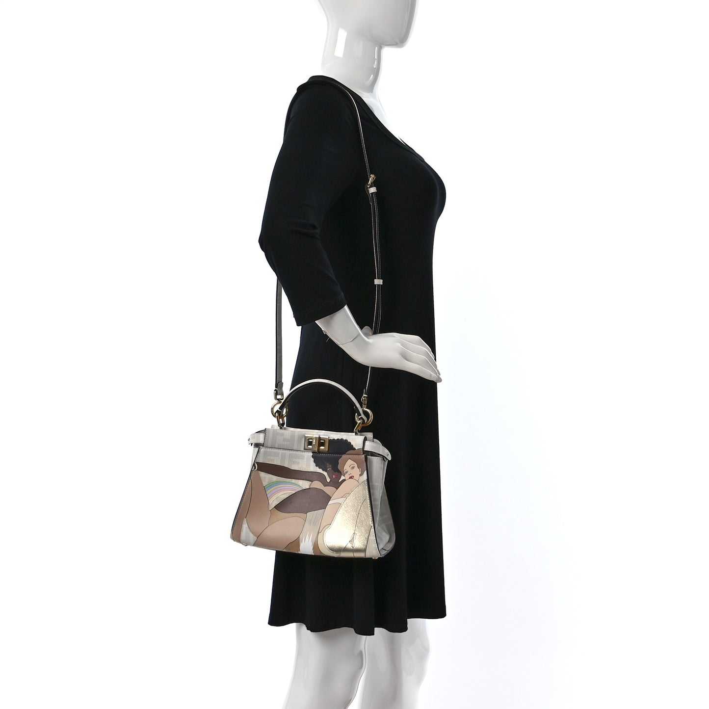 Glazed Fabric Nappa FF Disco Girls Inlay Mini Peekaboo Iconic Satchel Bianco Perla Multicolor