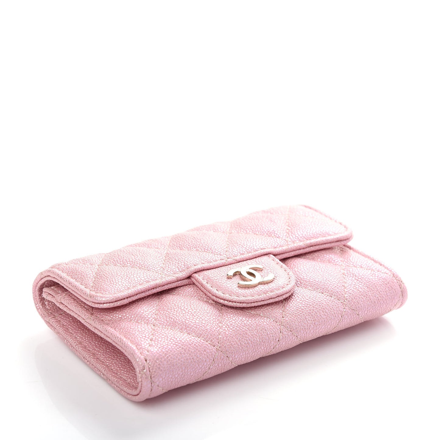 Iridescent Caviar Quilted Flap Card Holder Rose Pink