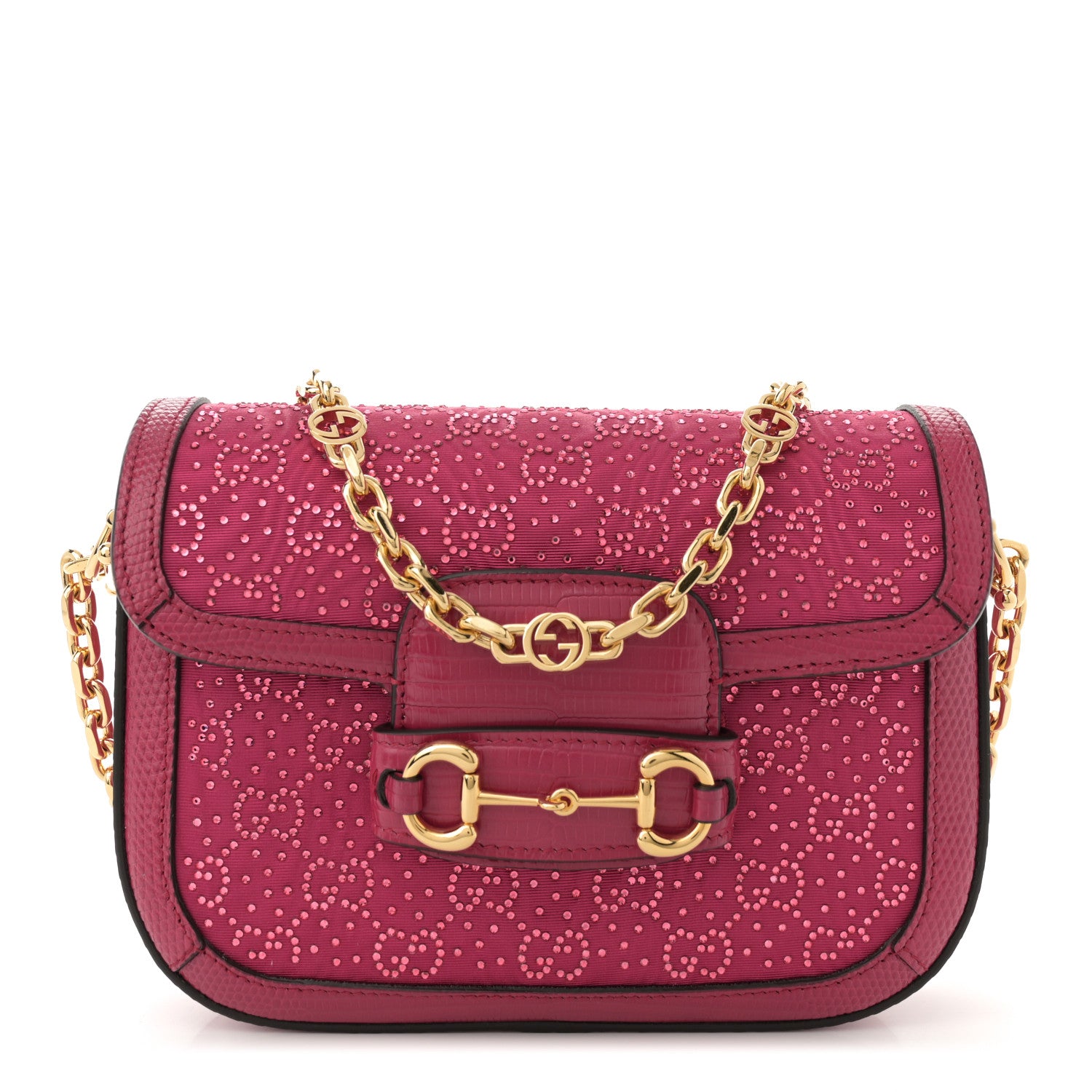 Gucci Canvas Calfskin Crystal GG Monogram Snakeskin Mini Horsebit 1955 Shoulder Bag Pink 1 of 11