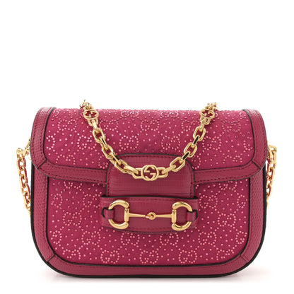 Gucci Canvas Calfskin Crystal GG Monogram Snakeskin Mini Horsebit 1955 Shoulder Bag Pink 1 of 11