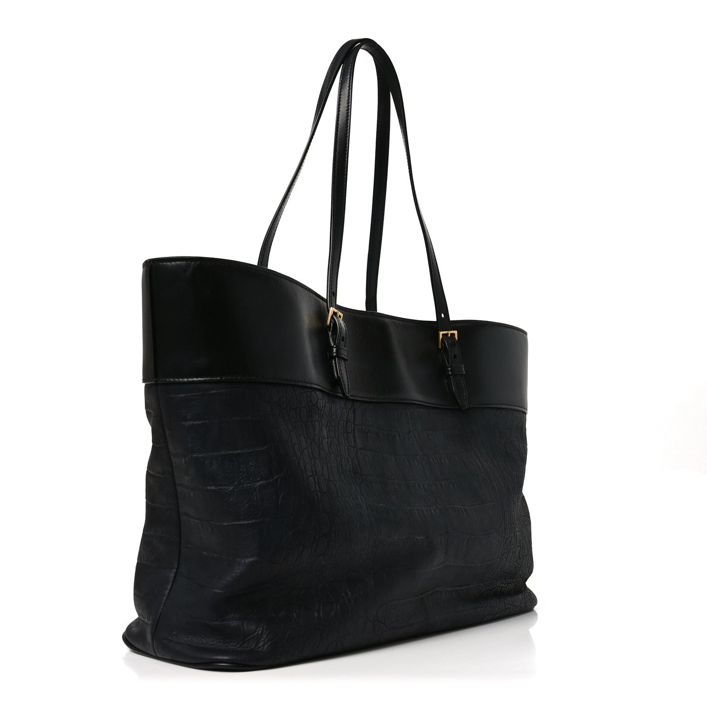 Calfskin Crocodile Embossed Medium Shopper Tote Black
