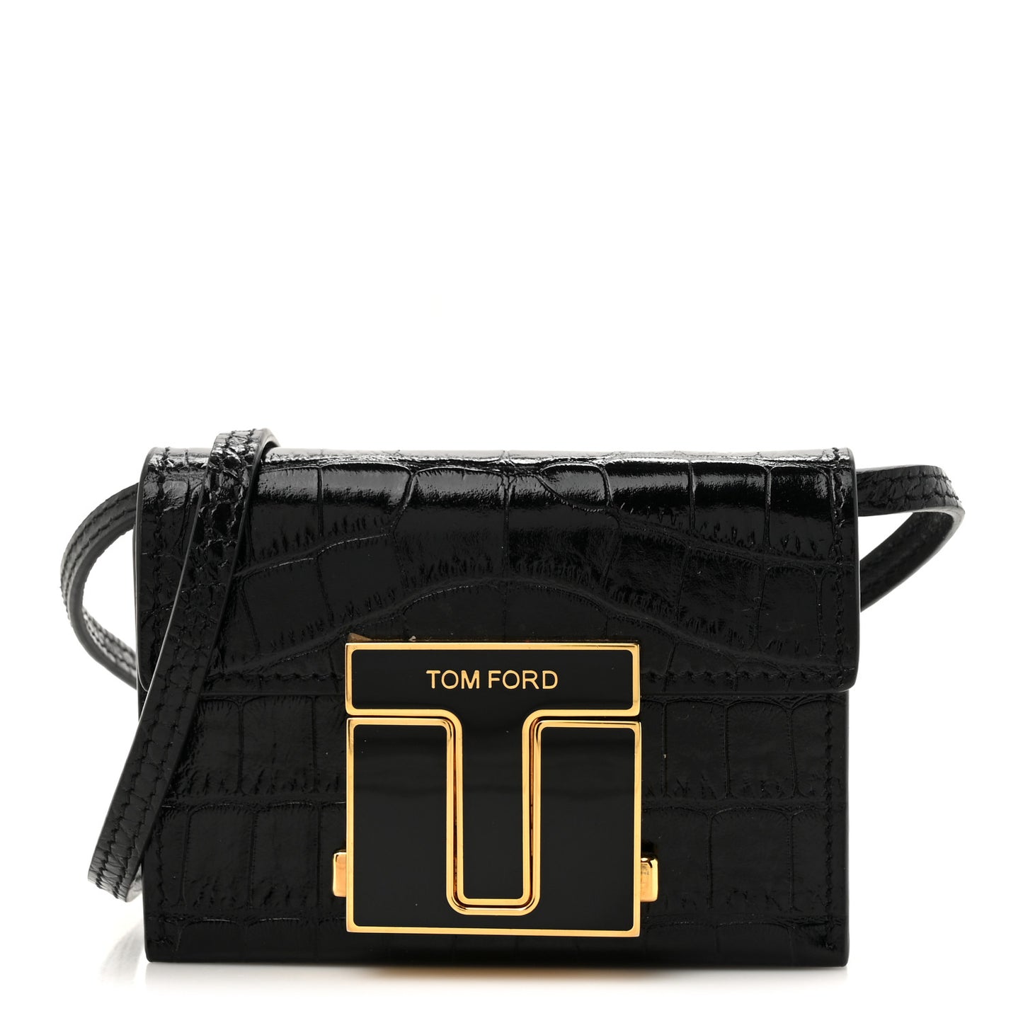 Calfskin Crocodile Embossed Mini T Clasp Accordion Wallet With Strap Black