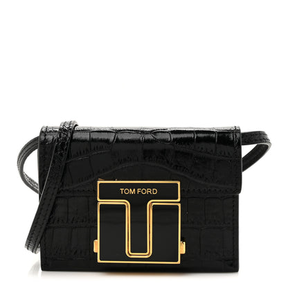 Tom Ford Calfskin Crocodile Embossed Mini T Clasp Accordion Wallet With Strap Black 1 of 9